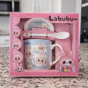 Labubu Bunny Ceramic Mug Gift Set with Spoon & Lid – Cute Pink Collectible